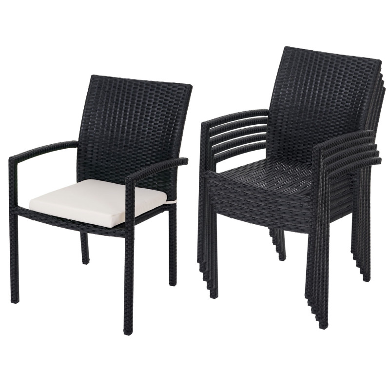 6x chaise Cava en polyrotin, chaises empilaples de jardin - anthracite, coussins crèmes