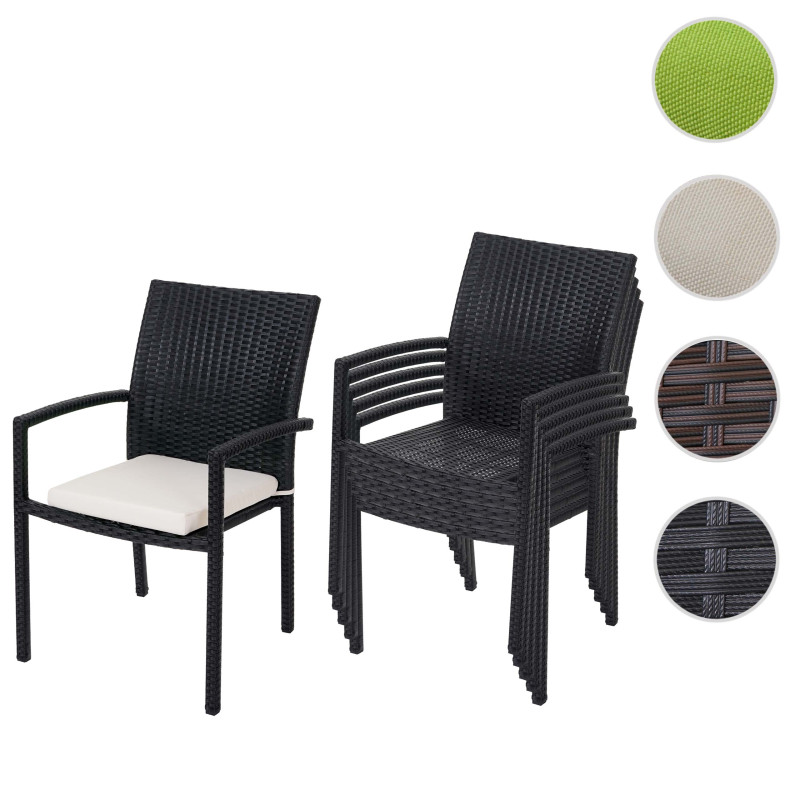 6x chaise Cava en polyrotin, chaises empilaples de jardin - anthracite, coussins crèmes