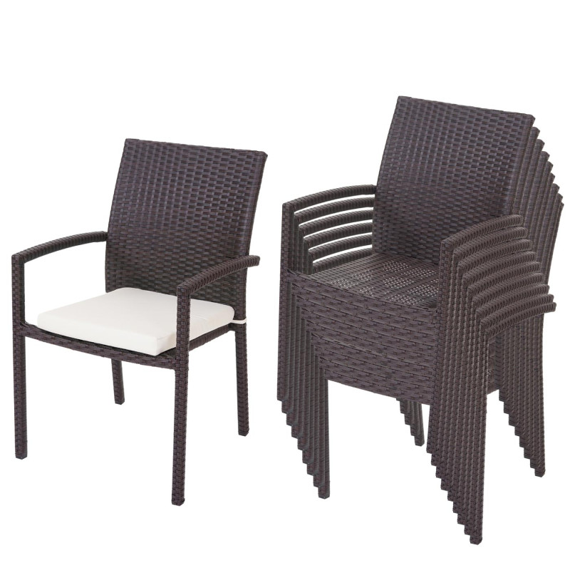 10x chaise Cava en polyrotin, chaises empilaples de jardin - marron, coussins crèmes