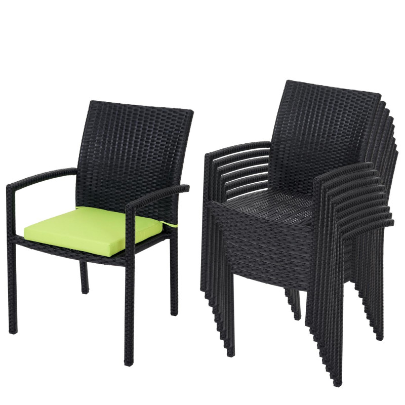 10x chaise Cava en polyrotin, chaises empilaples de jardin - anthracite, coussins verts