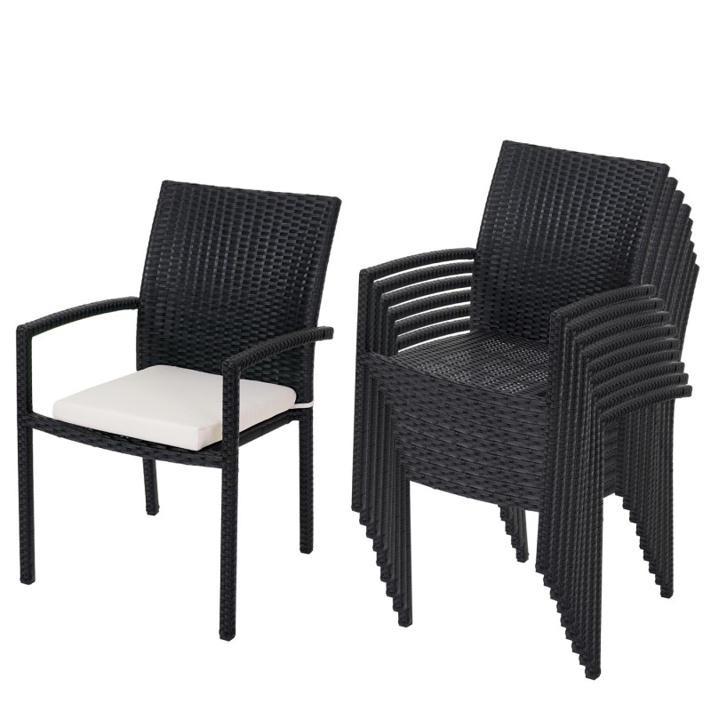 10x chaise Cava en polyrotin, chaises empilaples de jardin - anthracite, coussins crèmes