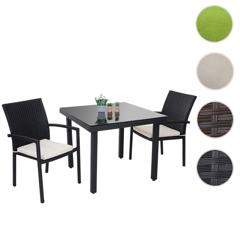 Garniture Cava, polyrotin, ensemble de jardin, 2x chaise + table 90x90cm - marron, coussin vert