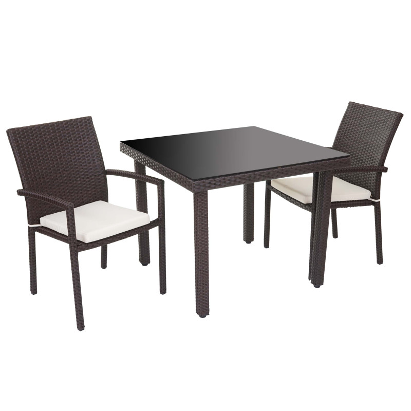 Garniture Cava, polyrotin, ensemble de jardin, 2x chaise + table 90x90cm - marron, coussin crème