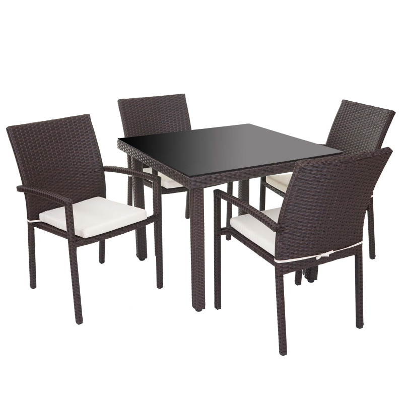 Garniture Cava, polyrotin, ensemble de jardin, 4x chaise + table 90x90cm - marron, coussin crème