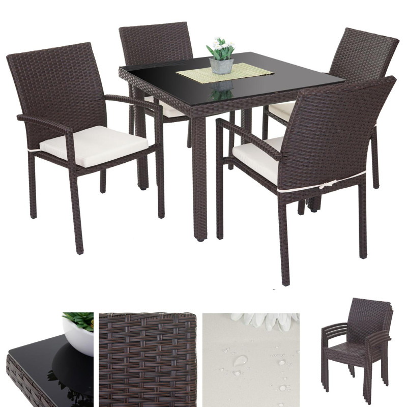 Garniture Cava, polyrotin, ensemble de jardin, 4x chaise + table 90x90cm - marron, coussin crème