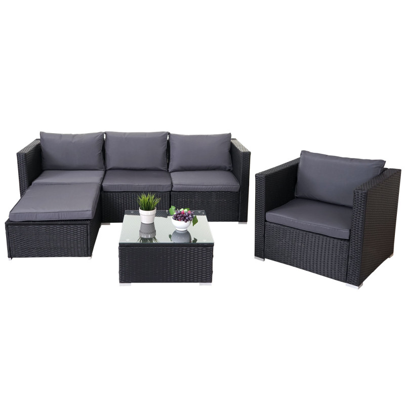 Ensemble de meubles de jardin Brescia, poly-rotin - noir, coussins anthracite