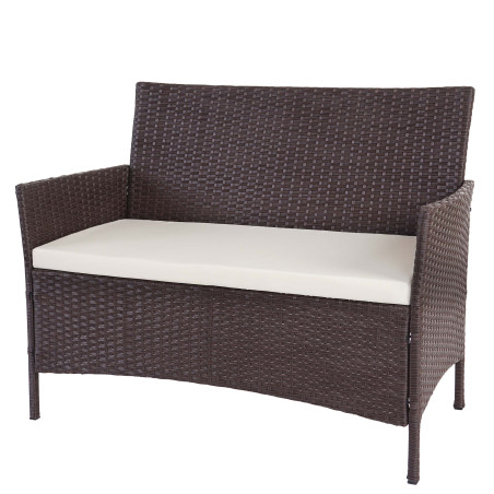 Banc de jardin Halden en polyrotin, banquette - marron chiné, coussin crème