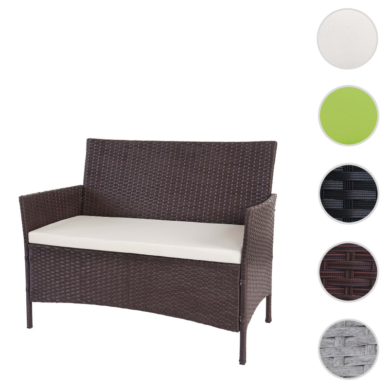 Banc de jardin Halden en polyrotin, banquette - marron chiné, coussin crème