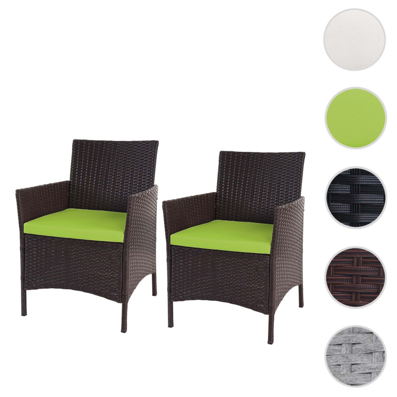 2x fauteuil de jardin Halden en polyrotin, fauteuil en osier - marron chiné, coussin vert