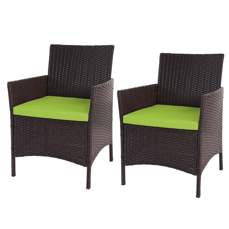 2x fauteuil de jardin Halden en polyrotin, fauteuil en osier - marron chiné, coussin vert