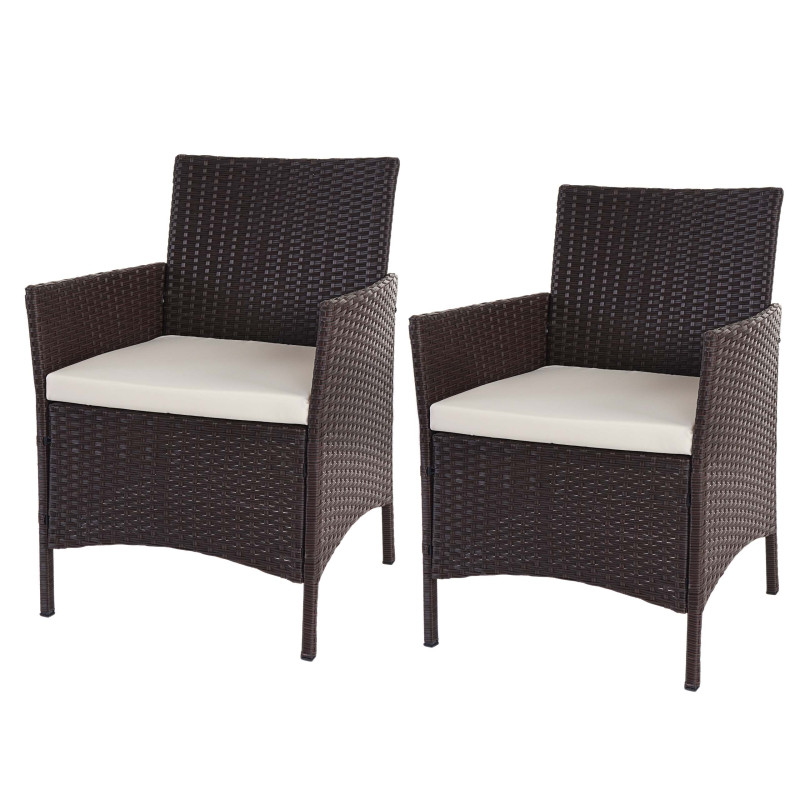 2x fauteuil de jardin Halden en polyrotin, fauteuil en osier - marron chiné, coussin crème