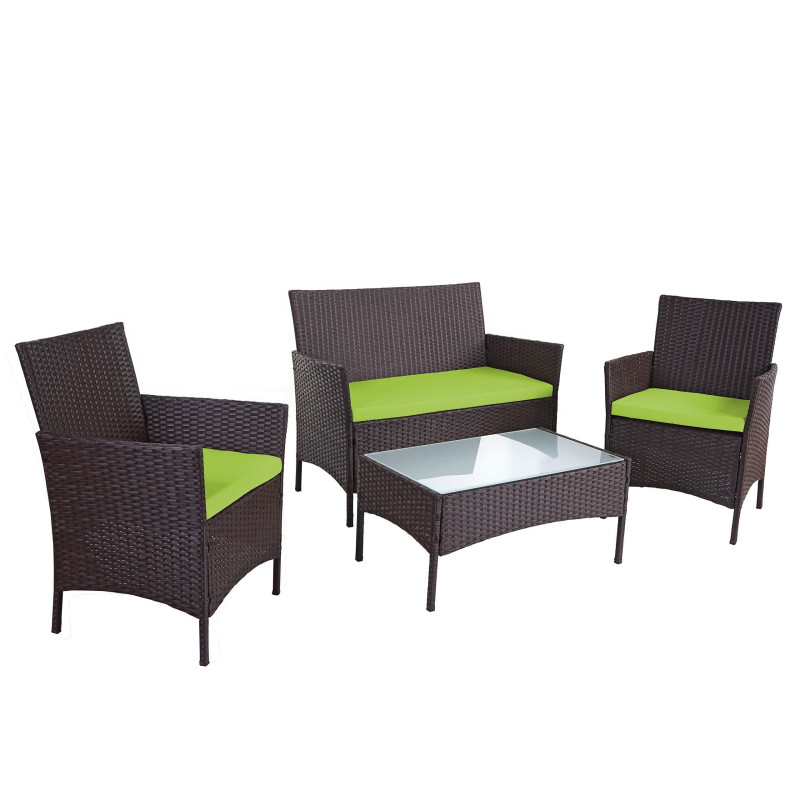 Ensemble de meubles de jardin Halden, poly-rotin - brun moucheté, coussins verts