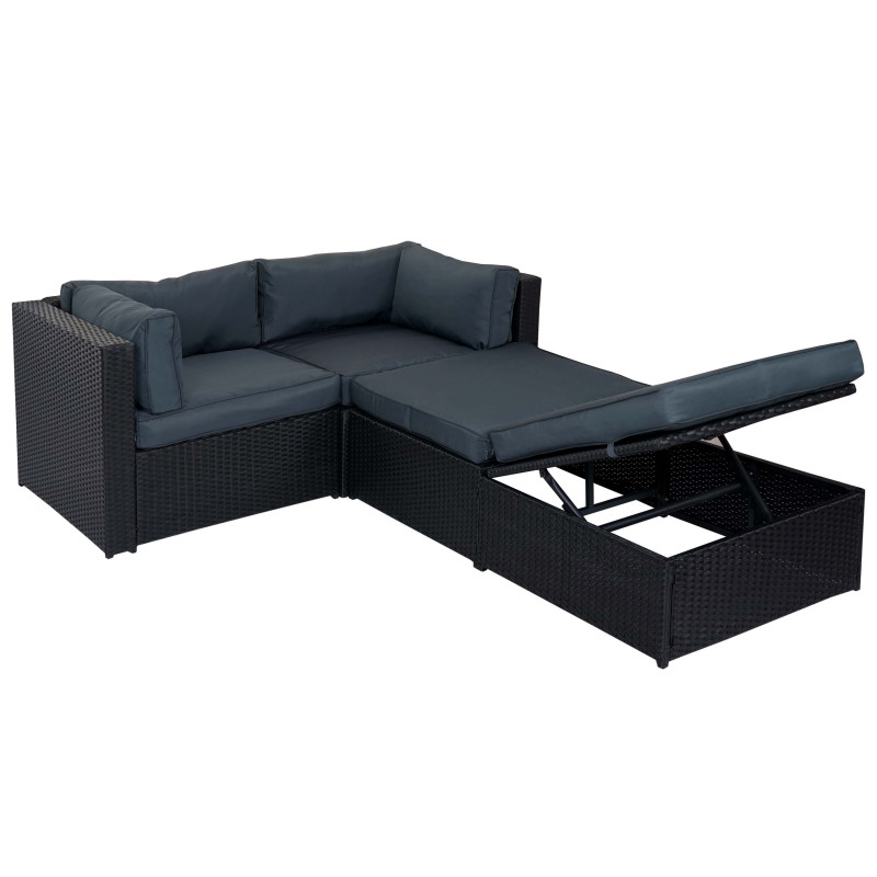 Garniture de jardin Adana, polyrotin, set lounge, aluminium - noir, coussins gris