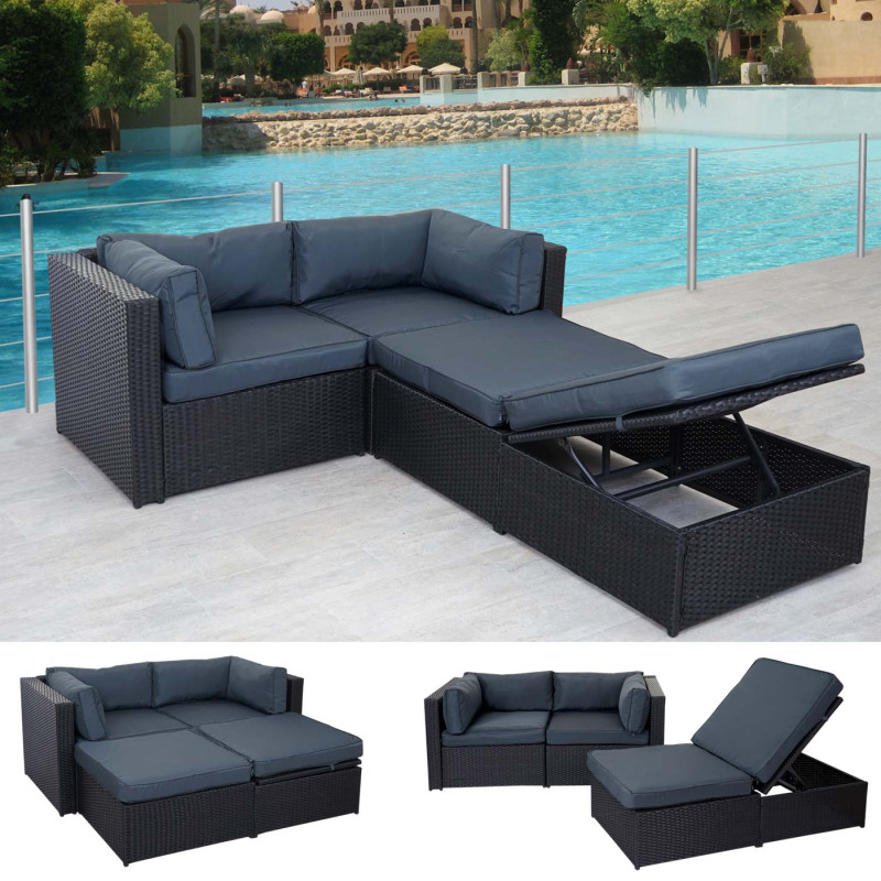 Garniture de jardin Adana, polyrotin, set lounge, aluminium - noir, coussins gris