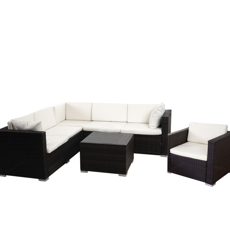Garniture polyrotin ROM Basic, canapé, fauteuil, set lounge - marron chiné, coussin crème