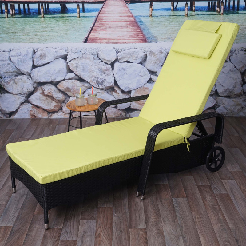 Chaise longue Carrara, polyrotin, bain de soleil, couchette, alu - anthracite, coussin vert clair