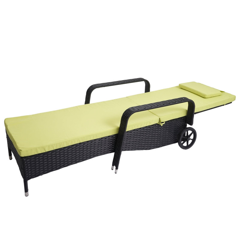 Chaise longue Carrara, polyrotin, bain de soleil, couchette, alu - anthracite, coussin vert clair