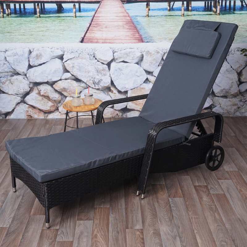 Chaise longue Carrara, polyrotin, bain de soleil, couchette, alu - anthracite, coussin gris