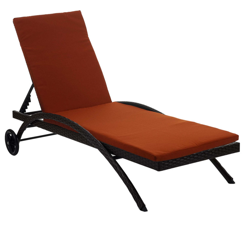 Chaise longue Kastoria, polyrotin, bain de soleil - marron chiné, coussin terre cuite