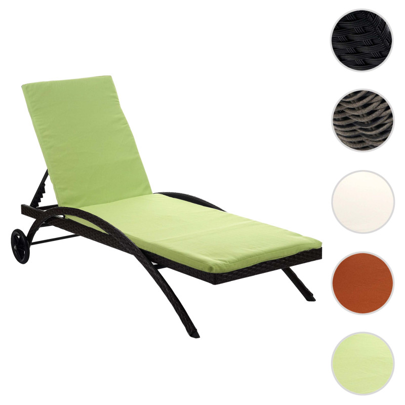 Chaise longue Kastoria, polyrotin, bain de soleil - marron chiné, coussin vert clair