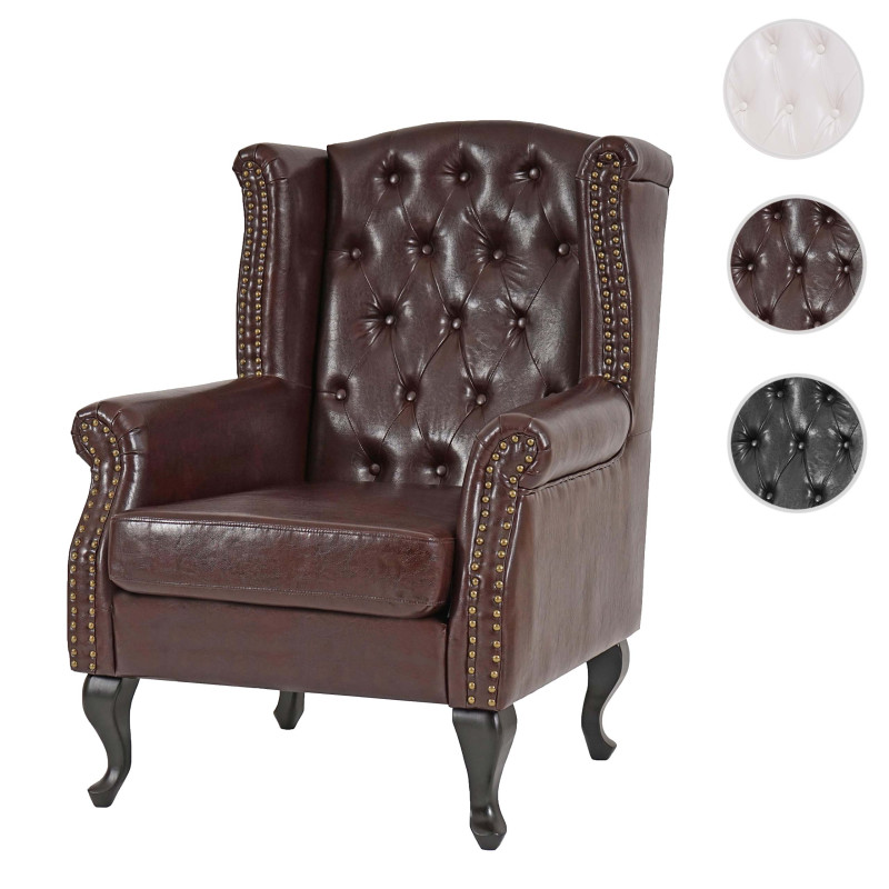 Fauteuil de luxe Chesterfield, fauteuil à oreilles, similicuir - brun antique sans ottomane