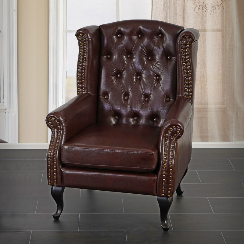 Fauteuil de luxe Chesterfield, fauteuil à oreilles, similicuir - brun antique sans ottomane