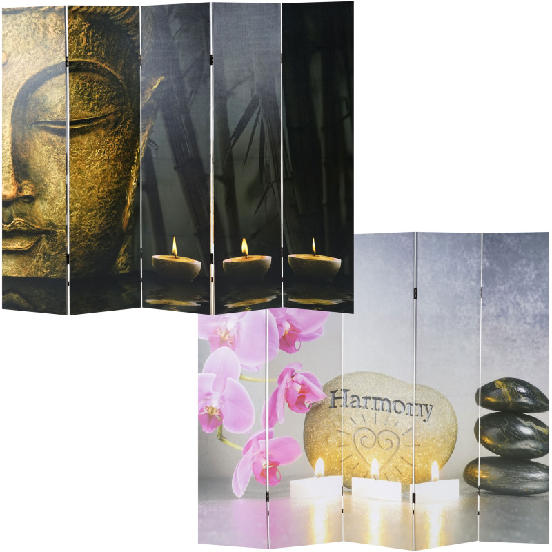 Set paravent + figure de décoration, cloison de séparation 180x200cm, sculpture polyresin 39cm, bouddha