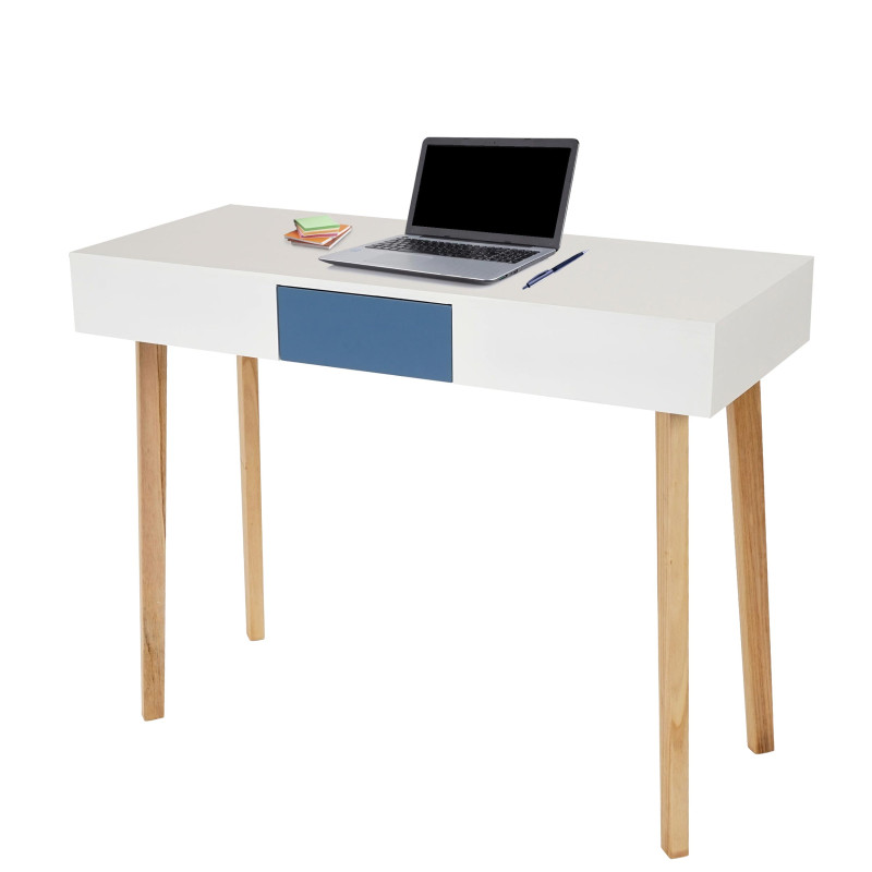 Bureau Malmö T257, table d'ordinateur, design rétro 82x120x55cm, tiroir bleu