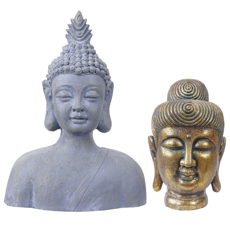 2x figure de décoration bouddha 38+60cm, polyresin sculpture, tête, intérieur/extérieur