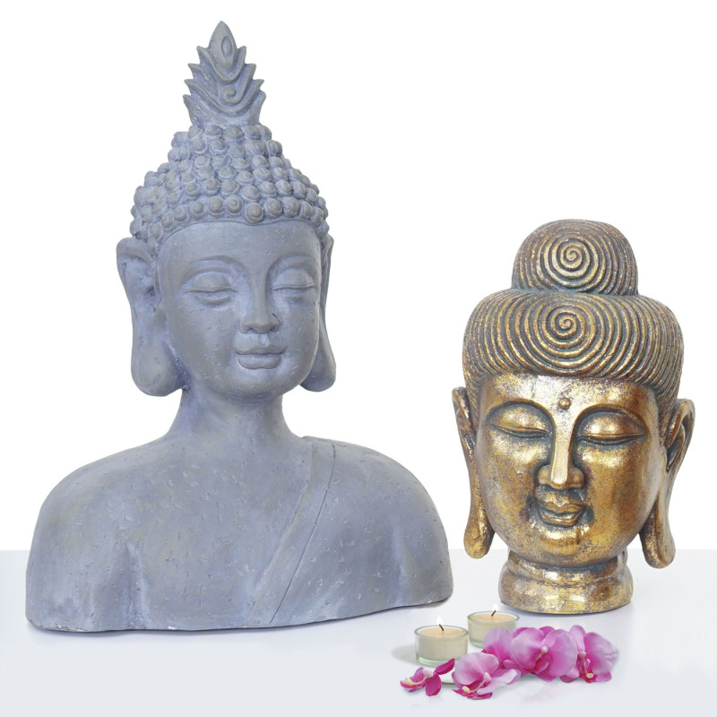 2x figure de décoration bouddha 38+60cm, polyresin sculpture, tête, intérieur/extérieur