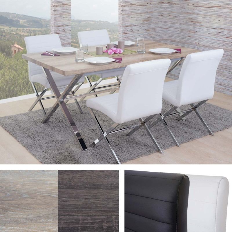 Garniture de salle à manger Fano, table + 4 chaises, structure 3D, similicuir - chêne foncé, chaise blanche