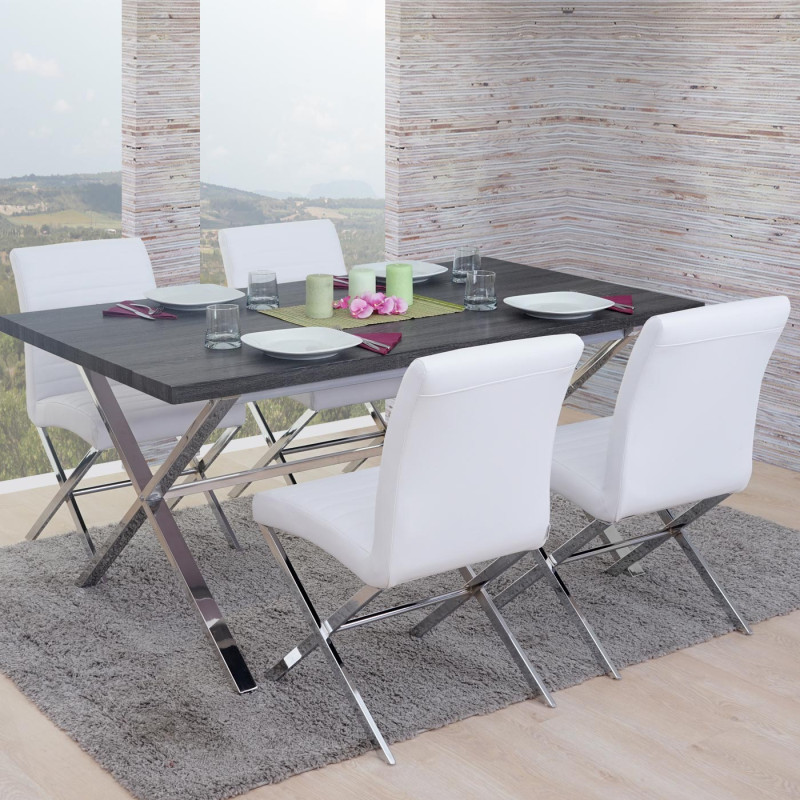 Garniture de salle à manger Fano, table + 4 chaises, structure 3D, similicuir - chêne foncé, chaise blanche