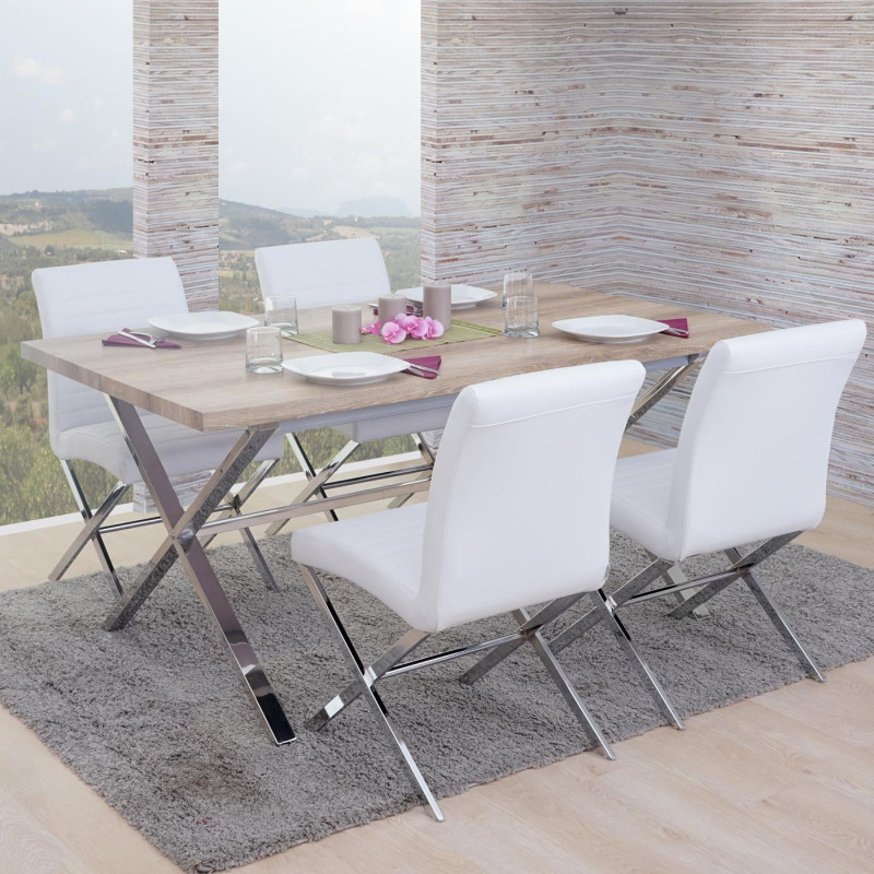 Garniture de salle à manger Fano, table + 4 chaises, structure 3D, similicuir - aspect chêne, chaise blanche