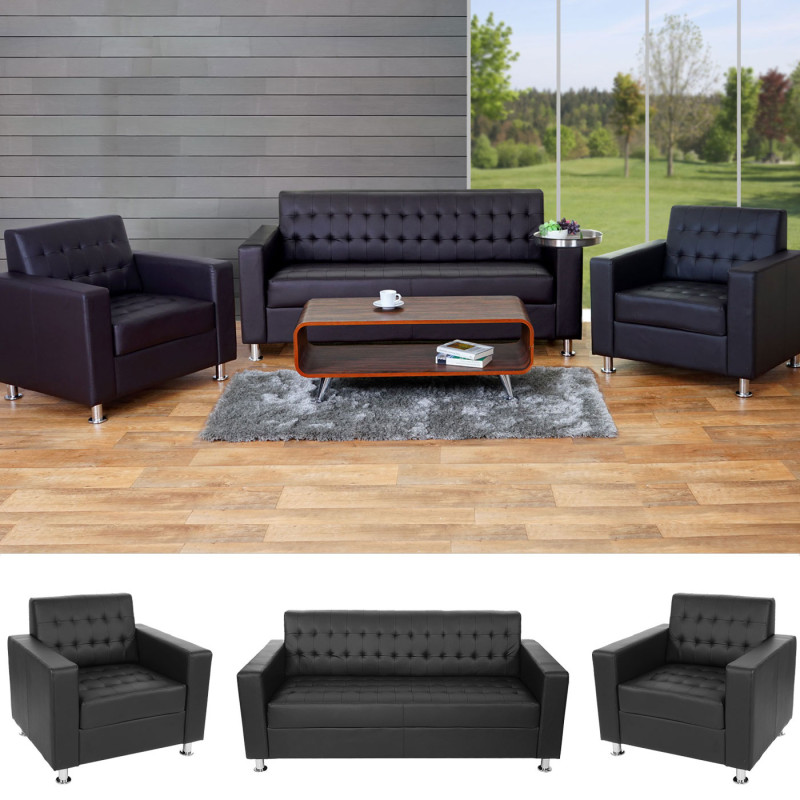Salon 3-1-1 Kunda, canapé, fauteuils, similicuir, pieds en métal - noir
