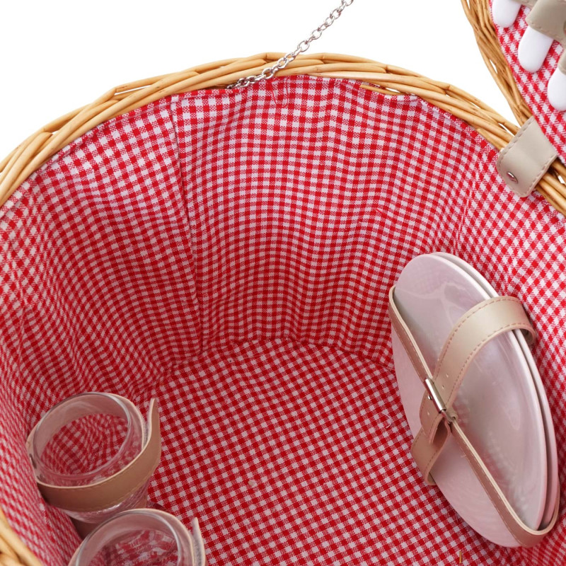 Panier de pique-nique, set pour 2 personnes, sac, porcelaine, verre, rouge / blanc