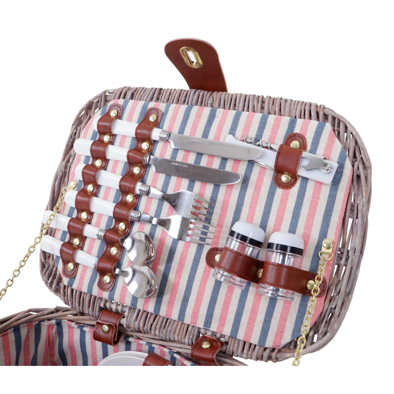 Panier de pique-nique, set pour 2 personnes, sac, porcelaine, verre, blanc / rouge