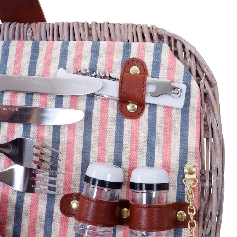 Panier de pique-nique, set pour 2 personnes, sac, porcelaine, verre, blanc / rouge