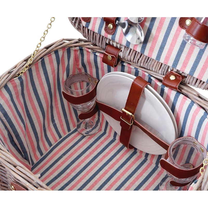 Panier de pique-nique, set pour 2 personnes, sac, porcelaine, verre, blanc / rouge