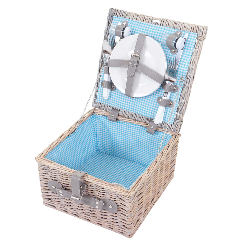 Panier de pique-nique, set pour 2 personnes, sac, porcelaine, acier affiné, bleu