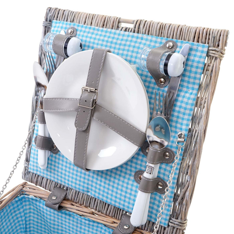 Panier de pique-nique, set pour 2 personnes, sac, porcelaine, acier affiné, bleu