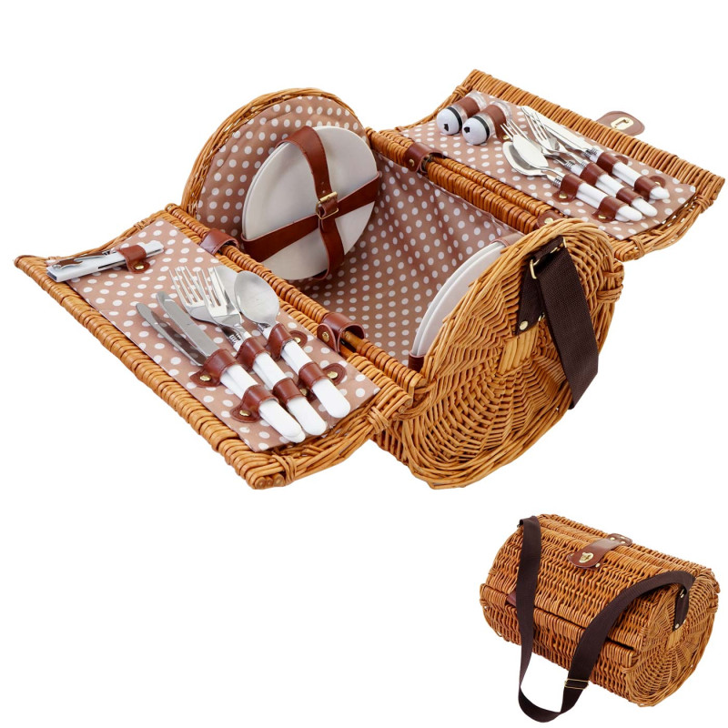 Panier de pique-nique, set pour 4 personnes, sac, porcelaine, acier affiné, beige / blanc