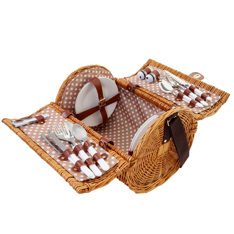 Panier de pique-nique, set pour 4 personnes, sac, porcelaine, acier affiné, beige / blanc