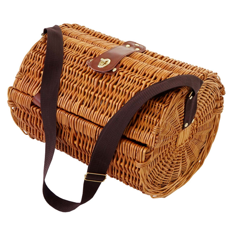 Panier de pique-nique, set pour 4 personnes, sac, porcelaine, acier affiné, beige / blanc