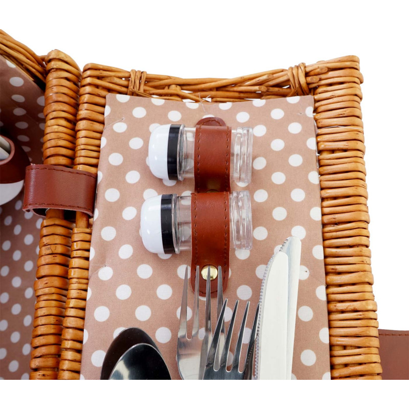 Panier de pique-nique, set pour 4 personnes, sac, porcelaine, acier affiné, beige / blanc