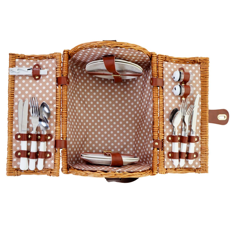 Panier de pique-nique, set pour 4 personnes, sac, porcelaine, acier affiné, beige / blanc