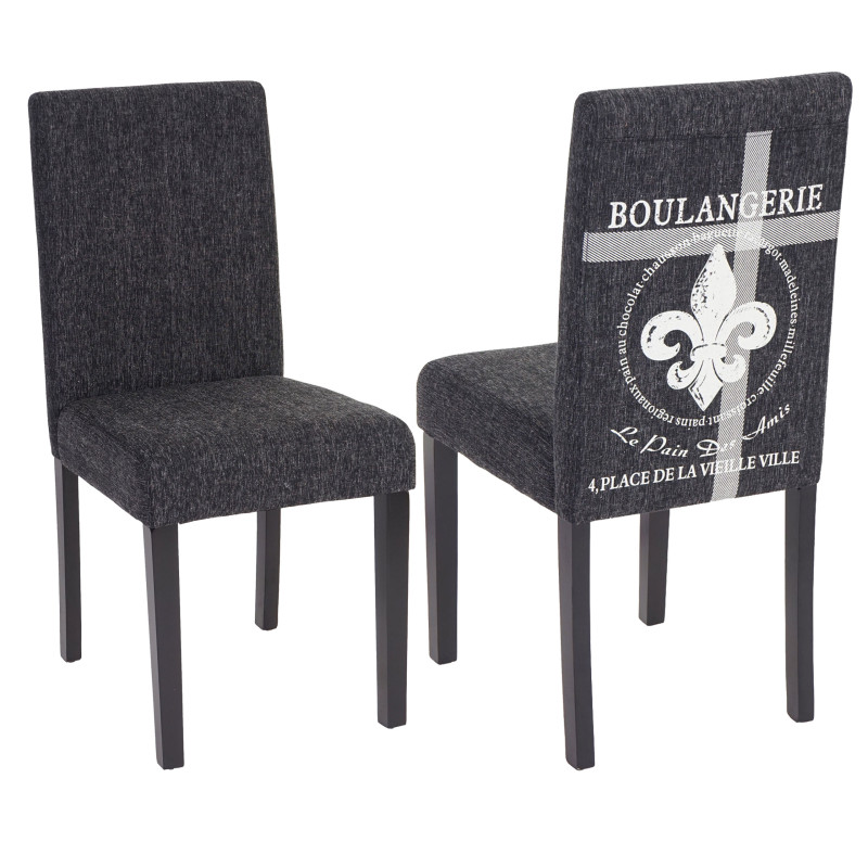 Lot de 2 chaises de séjour Littau, fauteuil - tissu avec écriture, anthracite, pieds foncés