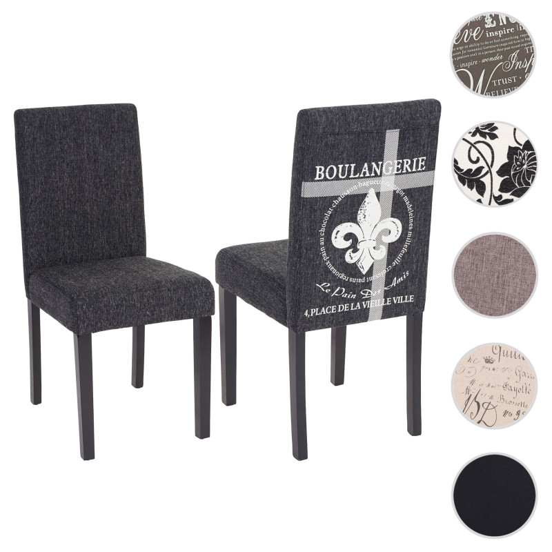 Lot de 2 chaises de séjour Littau, fauteuil - tissu avec écriture, anthracite, pieds foncés