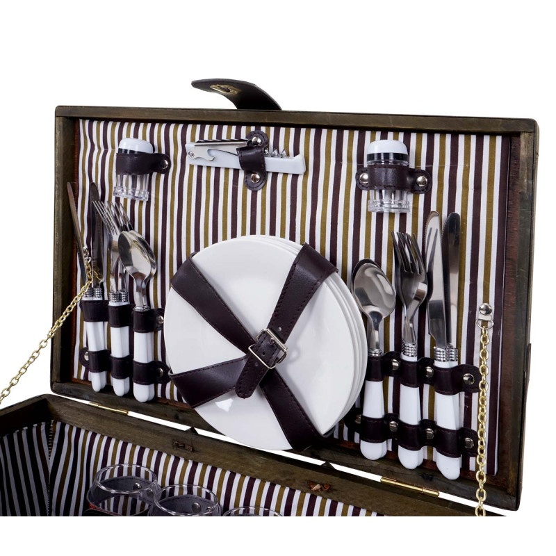 Panier de pique-nique, set pour 4 personnes, sac, porcelaine, verre, marron / blanc