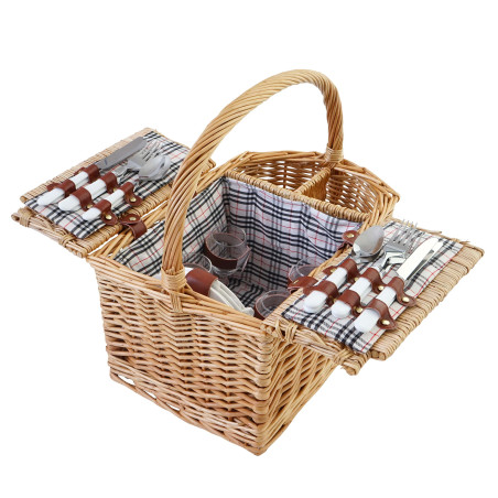 Panier de pique-nique, set pour 4 personnes, sac, porcelaine, verre, noir / rouge