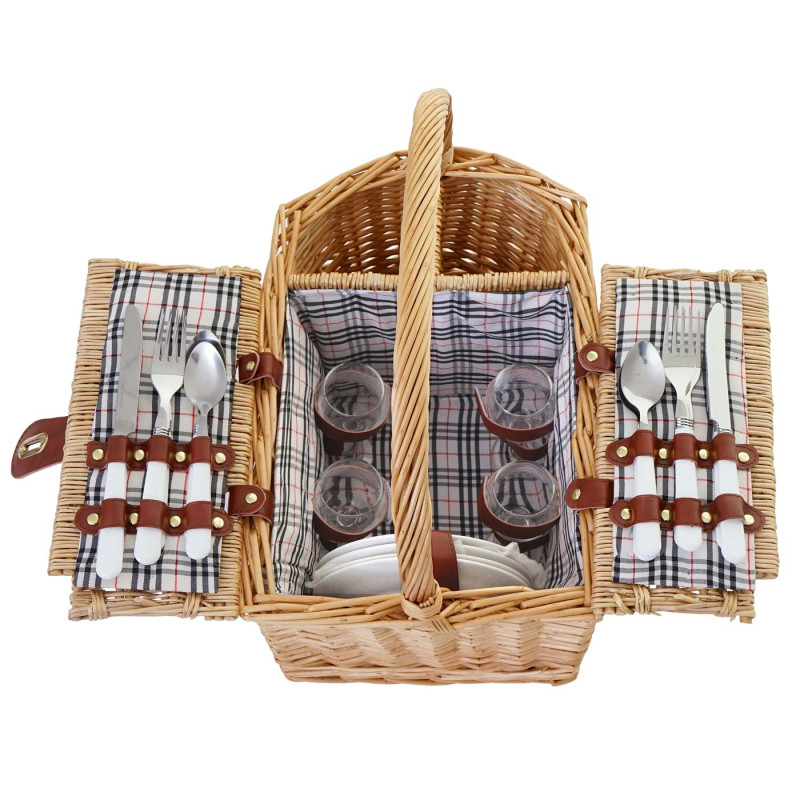 Panier de pique-nique, set pour 4 personnes, sac, porcelaine, verre, noir / rouge